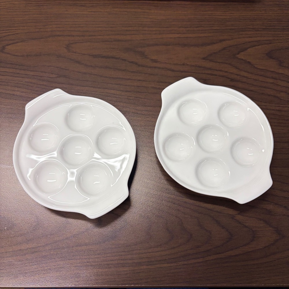 Bamboo White Ceramic Escargot Dish 6 Holes Set of 2 Baking Plates with Handles
